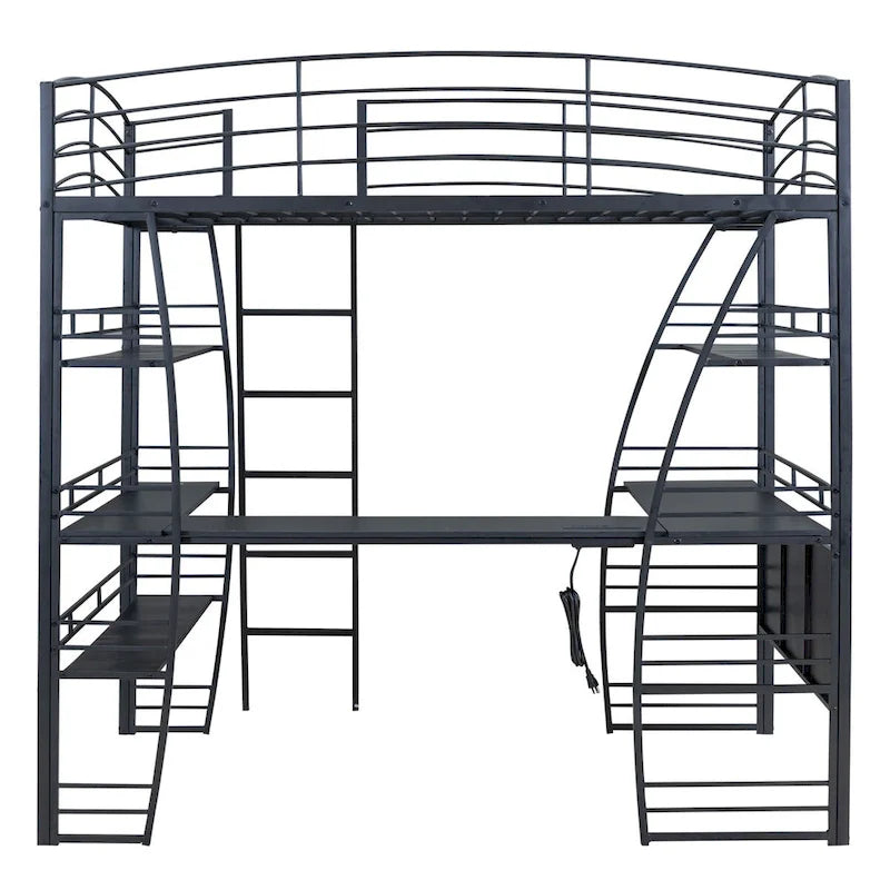 Cama alta de metal negro con 4 capas de estantes, escritorio en forma de L, enchufes, puertos USB, carga inalámbrica