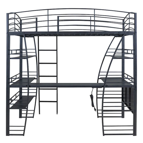 Cama alta de metal negro con 4 capas de estantes, escritorio en forma de L, enchufes, puertos USB, carga inalámbrica