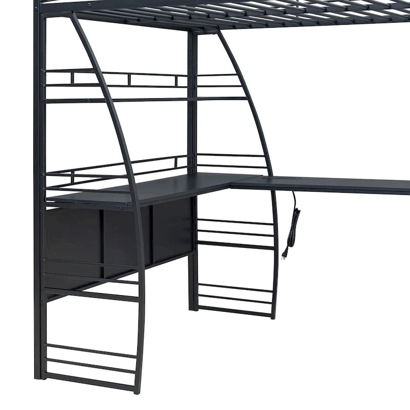 Cama alta de metal negro con 4 capas de estantes, escritorio en forma de L, enchufes, puertos USB, carga inalámbrica
