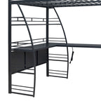 Cama alta de metal negro con 4 capas de estantes, escritorio en forma de L, enchufes, puertos USB, carga inalámbrica