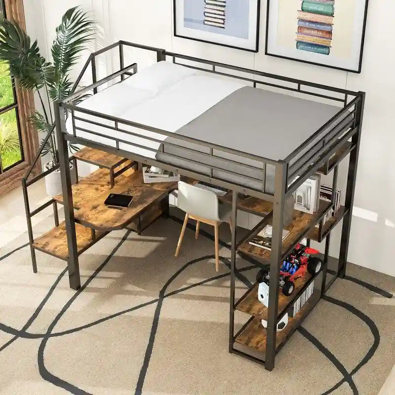 Cama alta metálica de tamaño matrimonial con armario, escritorio integrado y estantes de almacenamiento