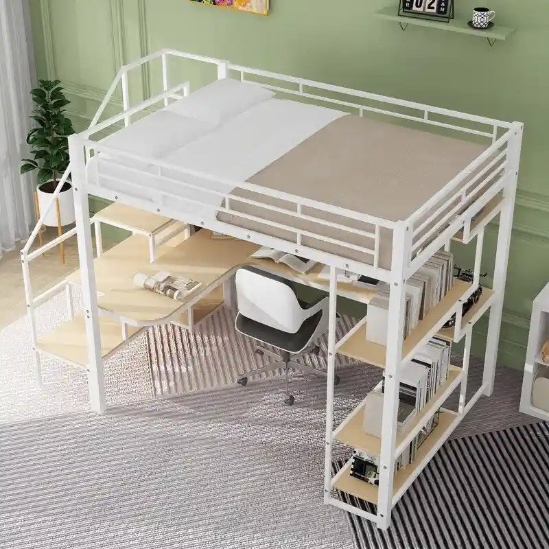 Cama alta metálica de tamaño matrimonial con armario, escritorio integrado y estantes de almacenamiento