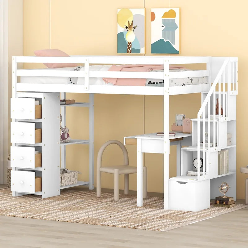 Cama alta individual, con escritorio integrado, cajones y escaleras con almacenaje
