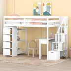 Cama alta individual, con escritorio integrado, cajones y escaleras con almacenaje
