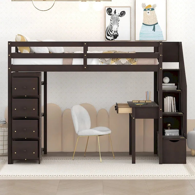 Cama alta individual, con escritorio integrado, cajones y escaleras con almacenaje