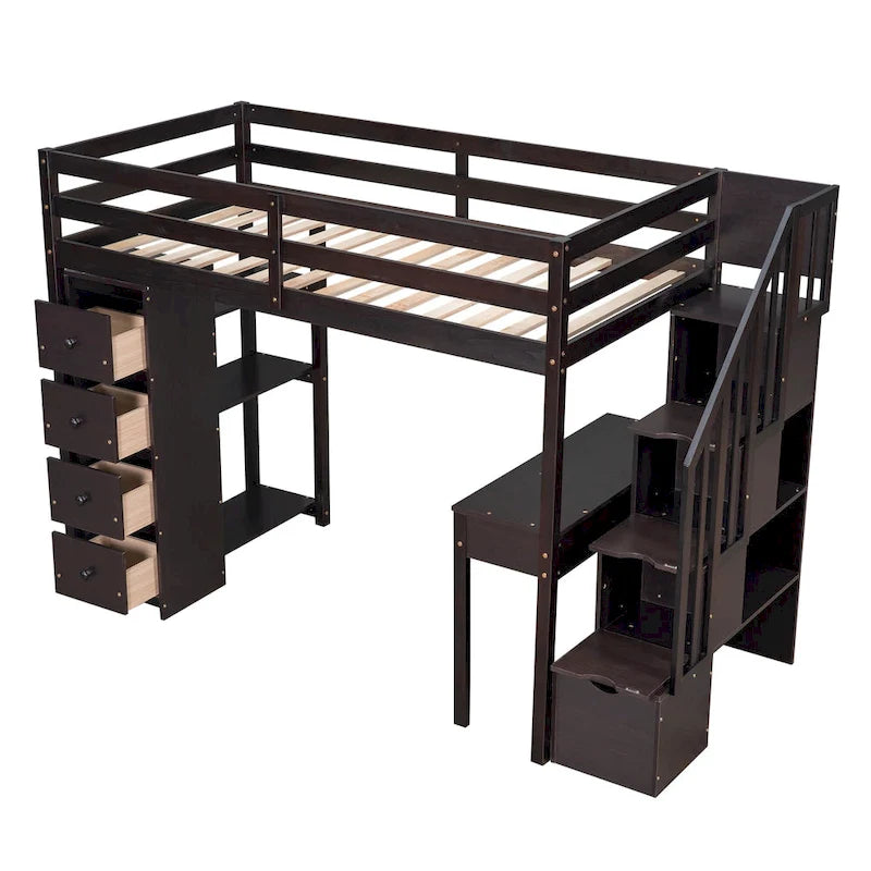 Cama alta individual, con escritorio integrado, cajones y escaleras con almacenaje