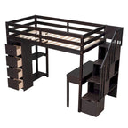 Cama alta individual, con escritorio integrado, cajones y escaleras con almacenaje