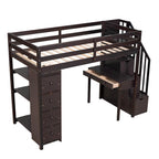 Cama alta individual, con escritorio integrado, cajones y escaleras con almacenaje