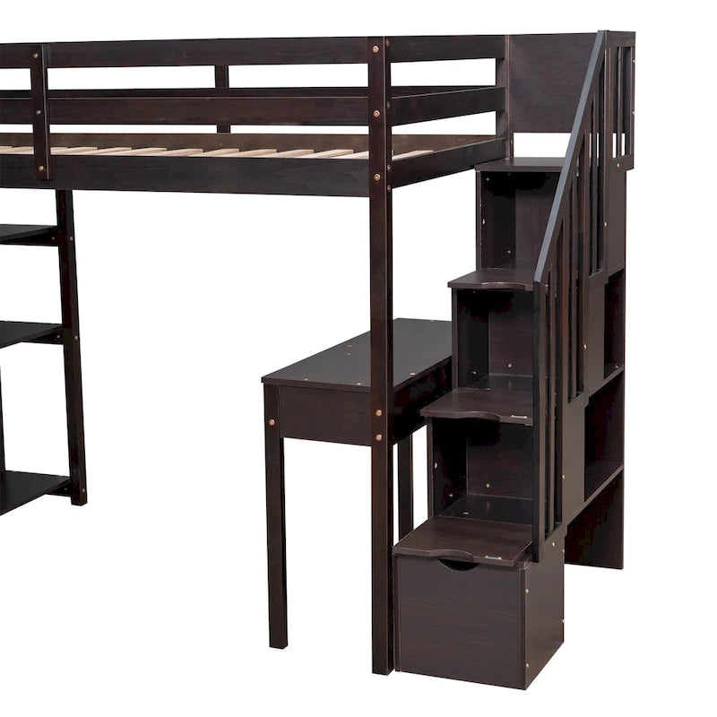 Cama alta individual, con escritorio integrado, cajones y escaleras con almacenaje