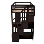 Cama alta individual, con escritorio integrado, cajones y escaleras con almacenaje