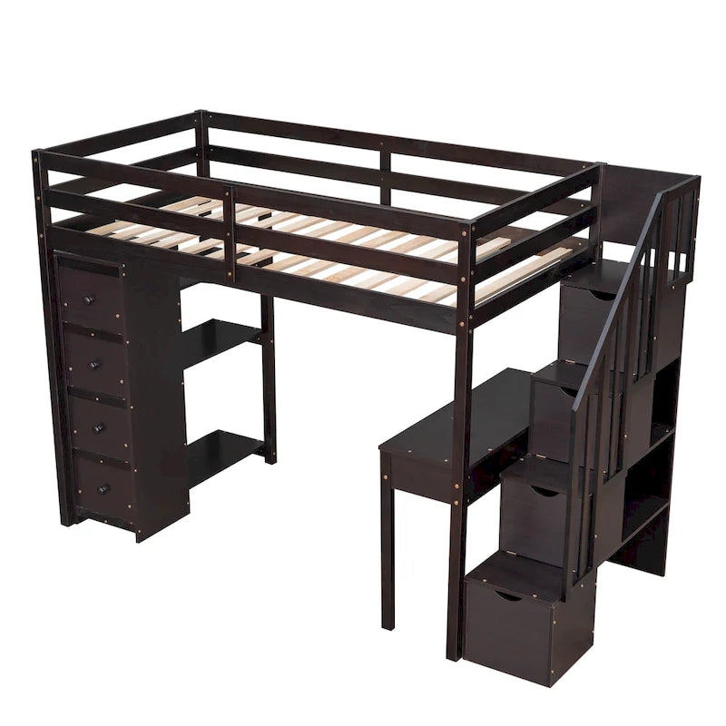 Cama alta individual, con escritorio integrado, cajones y escaleras con almacenaje