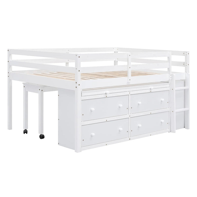 Full Size Loft Bed with Retractable Writing Desk and 4 Drawers