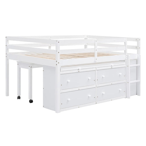 Full Size Loft Bed with Retractable Writing Desk and 4 Drawers
