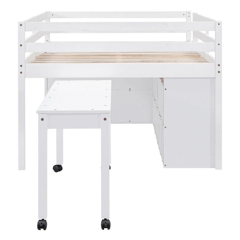 Cama alta matrimonial con escritorio retráctil y 4 cajones