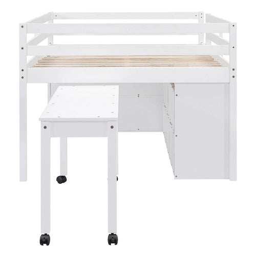Cama alta matrimonial con escritorio retráctil y 4 cajones