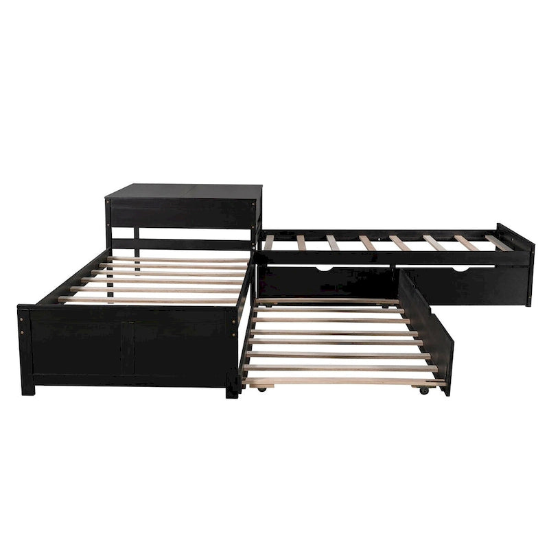 Cama con Plataforma en forma de L Gris, Espresso y Blanca con Nido, Cajones y Mesitas de Noche, Tamaño Individual
