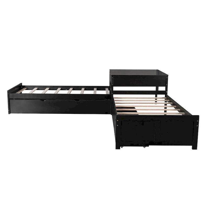 Cama con Plataforma en forma de L Gris, Espresso y Blanca con Nido, Cajones y Mesitas de Noche, Tamaño Individual