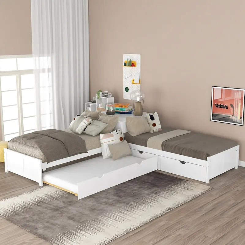 Cama con Plataforma en forma de L Gris, Espresso y Blanca con Nido, Cajones y Mesitas de Noche, Tamaño Individual