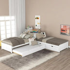 Cama con Plataforma en forma de L Gris, Espresso y Blanca con Nido, Cajones y Mesitas de Noche, Tamaño Individual