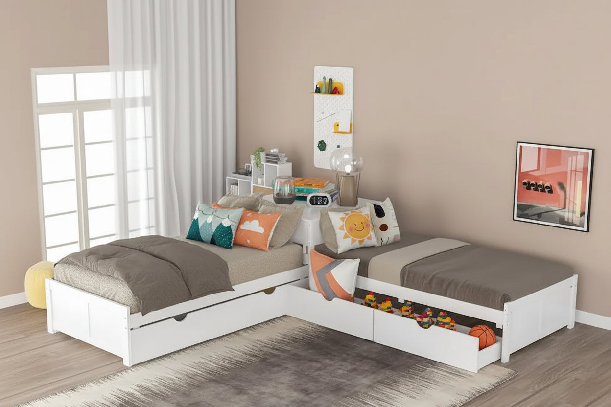 Cama con Plataforma en forma de L Gris, Espresso y Blanca con Nido, Cajones y Mesitas de Noche, Tamaño Individual