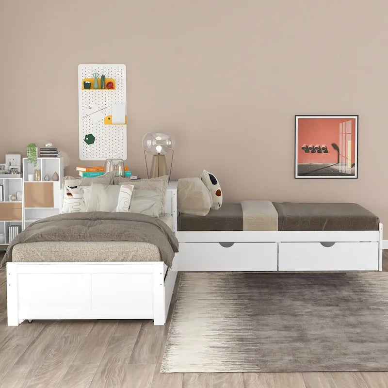 Cama con Plataforma en forma de L Gris, Espresso y Blanca con Nido, Cajones y Mesitas de Noche, Tamaño Individual