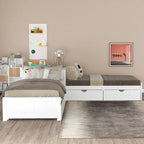 Cama con Plataforma en forma de L Gris, Espresso y Blanca con Nido, Cajones y Mesitas de Noche, Tamaño Individual