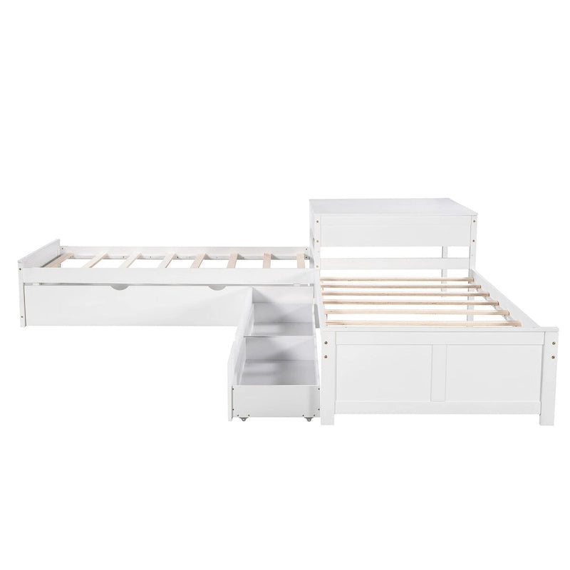 Cama con Plataforma en forma de L Gris, Espresso y Blanca con Nido, Cajones y Mesitas de Noche, Tamaño Individual