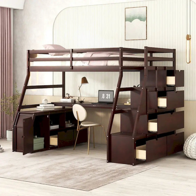 Cama alta individual con cajones, estantes y escritorio integrados para uso versátil