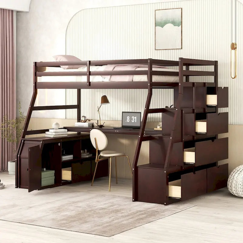 Cama alta individual con cajones, estantes y escritorio integrados para uso versátil