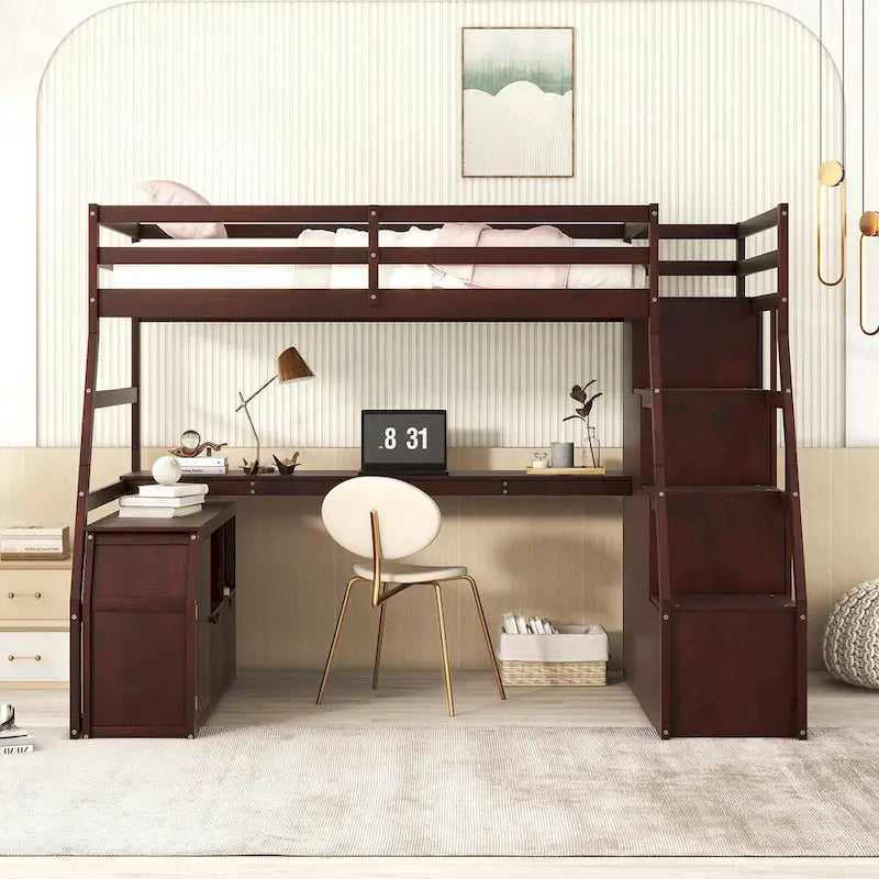 Cama alta individual con cajones, estantes y escritorio integrados para uso versátil