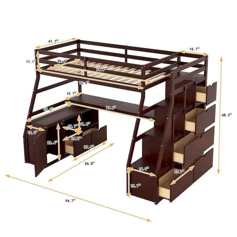 Cama alta individual con cajones, estantes y escritorio integrados para uso versátil