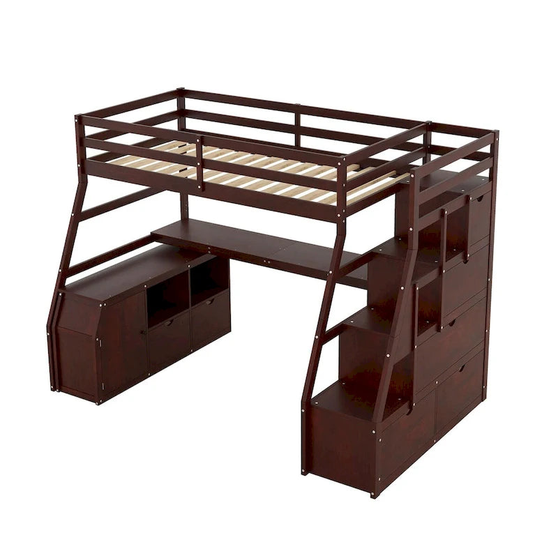 Cama alta individual con cajones, estantes y escritorio integrados para uso versátil