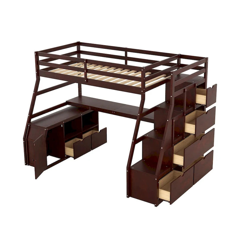 Cama alta individual con cajones, estantes y escritorio integrados para uso versátil