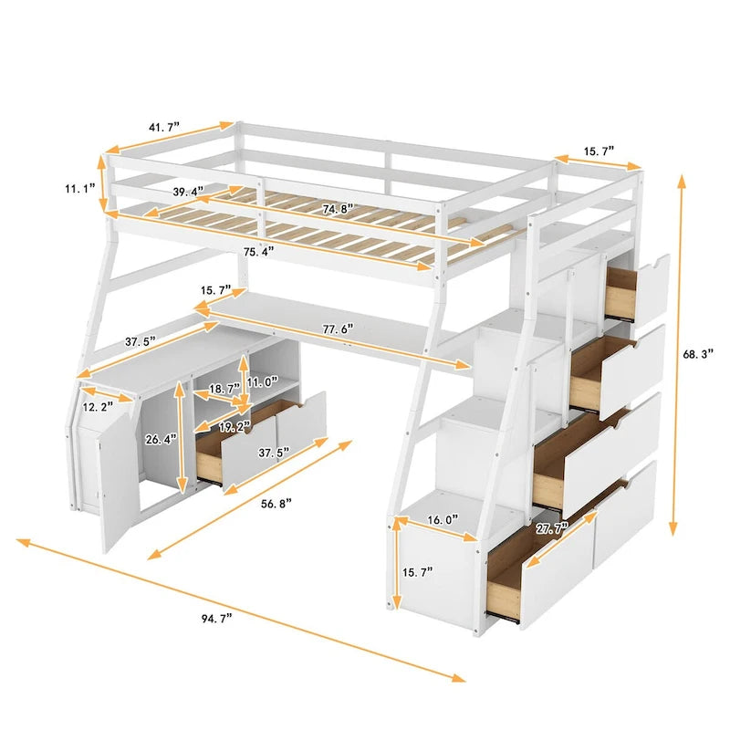 Cama alta individual con cajones, estantes y escritorio integrados para uso versátil