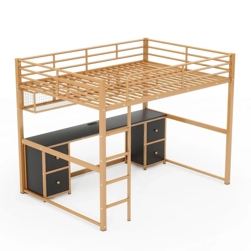 Cama loft de metal con escritorio, cajones y bandeja de noche, estación de carga, USB y enchufe
