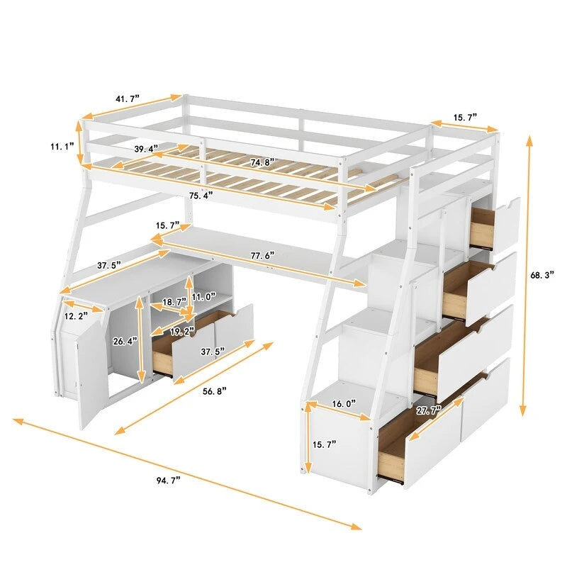 Cama alta individual con 7 cajones, 2 estantes y escritorio