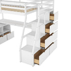 Cama alta individual con 7 cajones, 2 estantes y escritorio