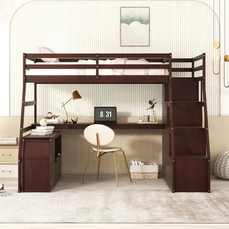Cama alta individual con 7 cajones, 2 estantes y escritorio
