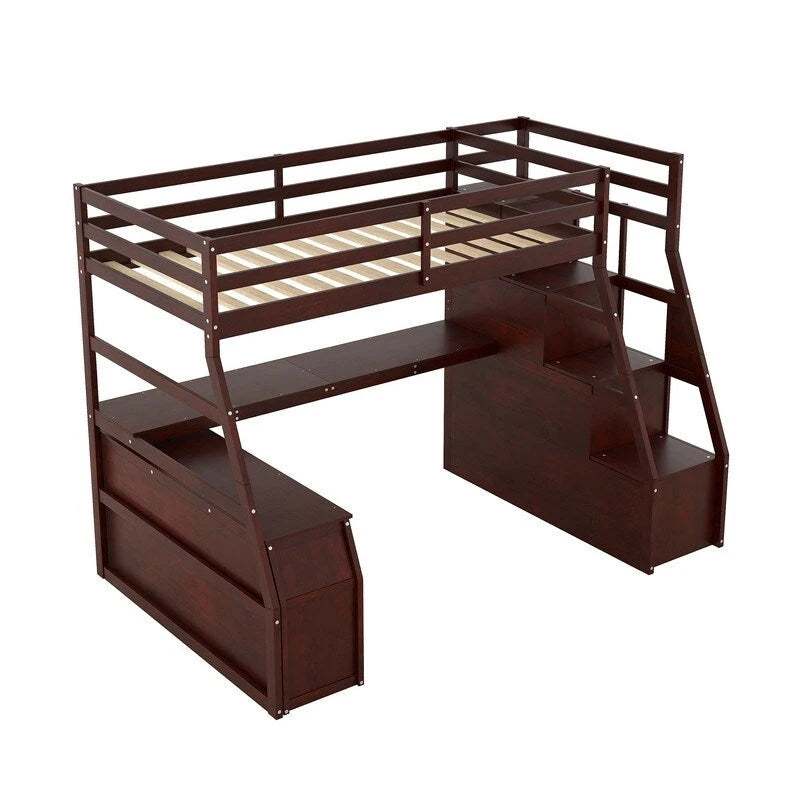 Cama alta individual con 7 cajones, 2 estantes y escritorio