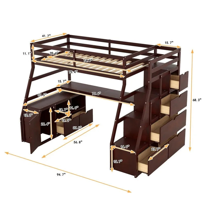 Cama alta individual con 7 cajones, 2 estantes y escritorio