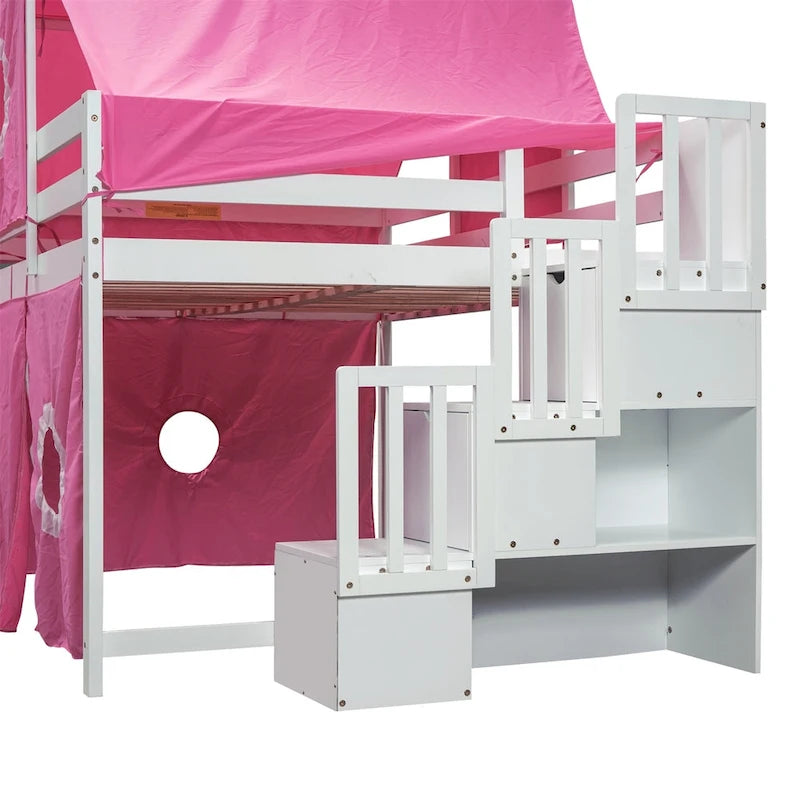 Cama alta individual/matrimonial con tienda y torre