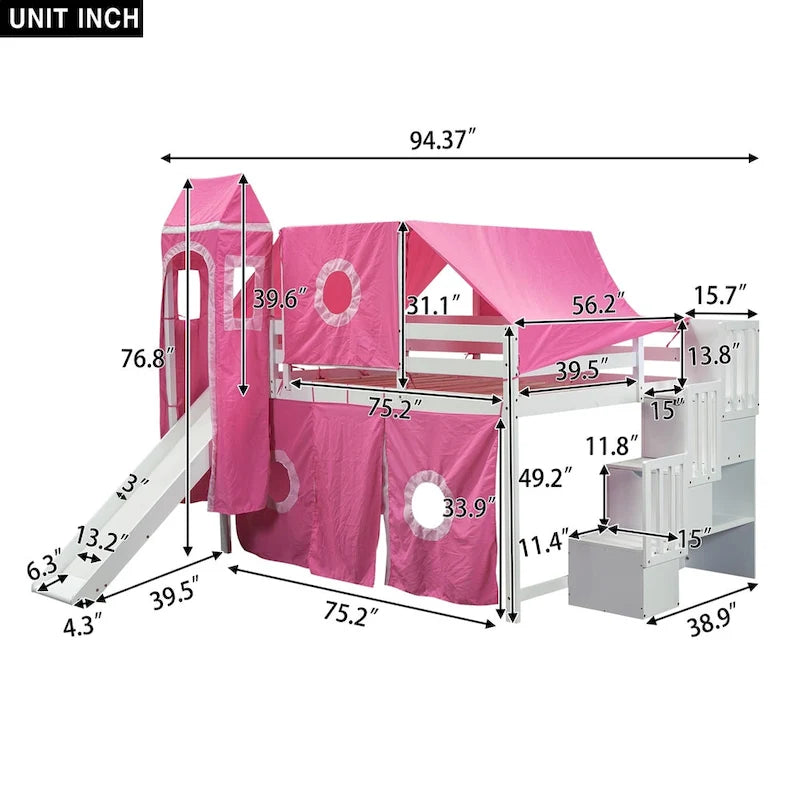 Cama alta individual/matrimonial con tienda y torre
