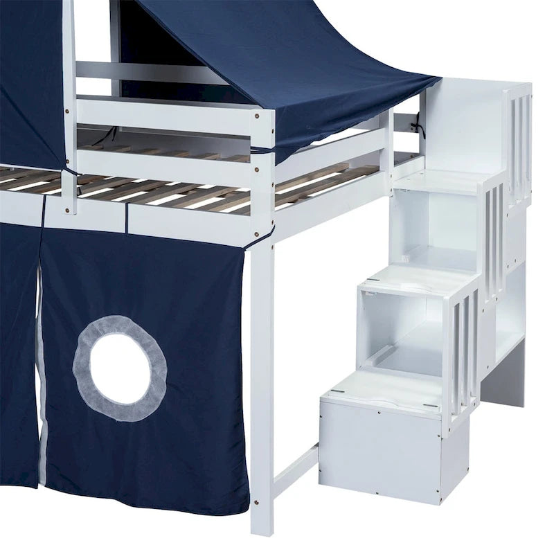 Cama alta individual/matrimonial con tienda y torre