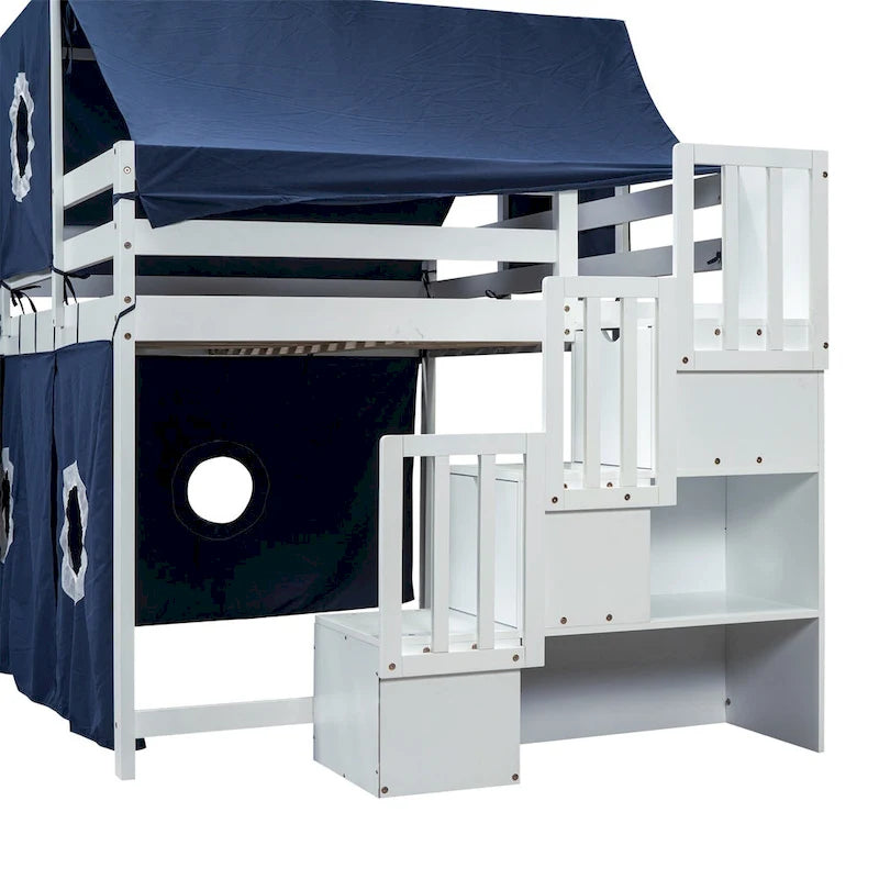 Cama alta individual/matrimonial con tienda y torre
