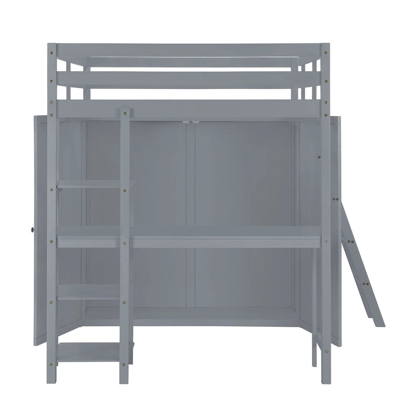 Cama alta tamaño matrimonial gris con armario, escritorio y estantes