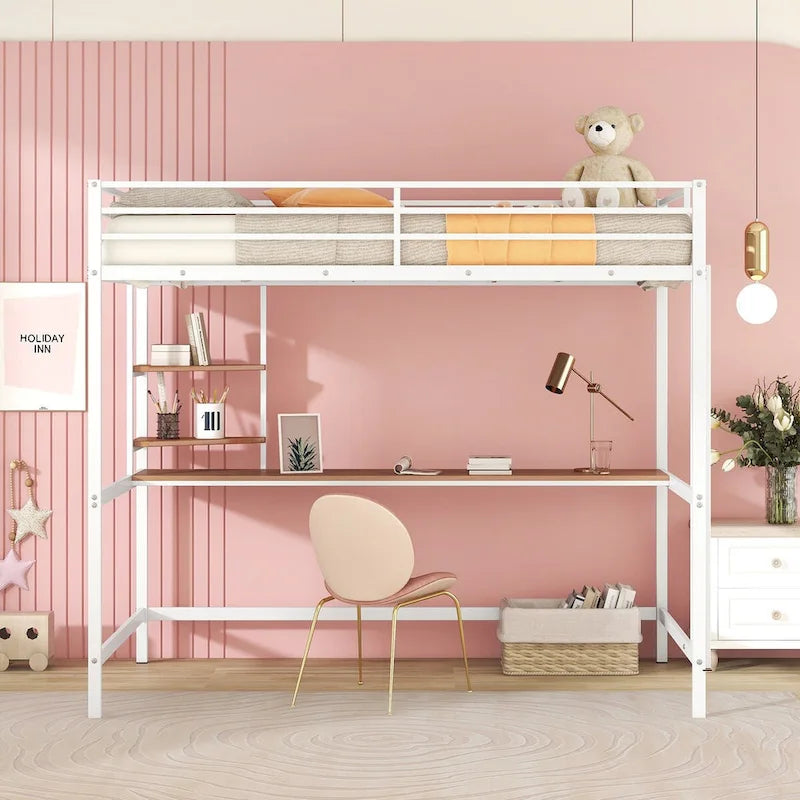 Cama alta de metal con escritorio y estantes, tamaño matrimonial