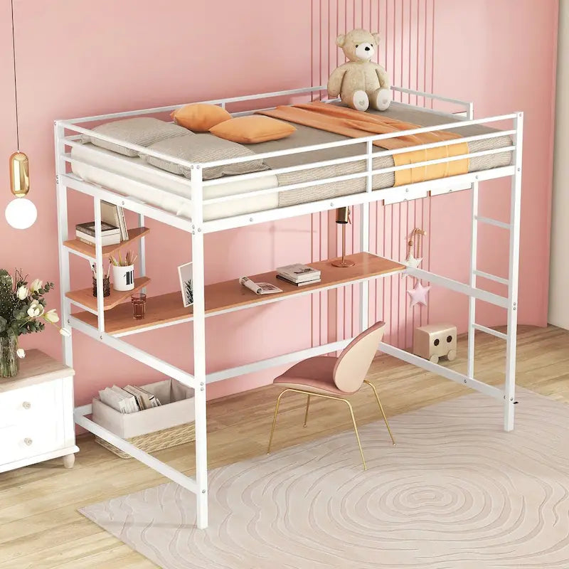 Cama alta de metal con escritorio y estantes, tamaño matrimonial