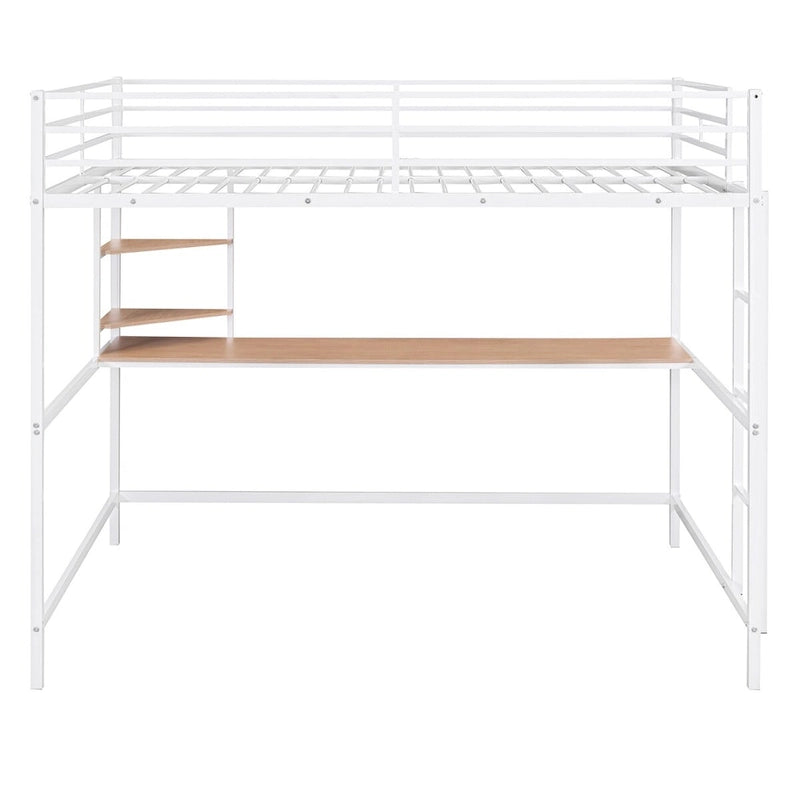 Cama alta de metal con escritorio y estantes, tamaño matrimonial