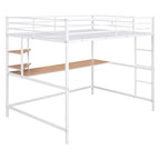 Cama alta de metal con escritorio y estantes, tamaño matrimonial