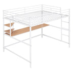 Cama alta de metal con escritorio y estantes, tamaño matrimonial